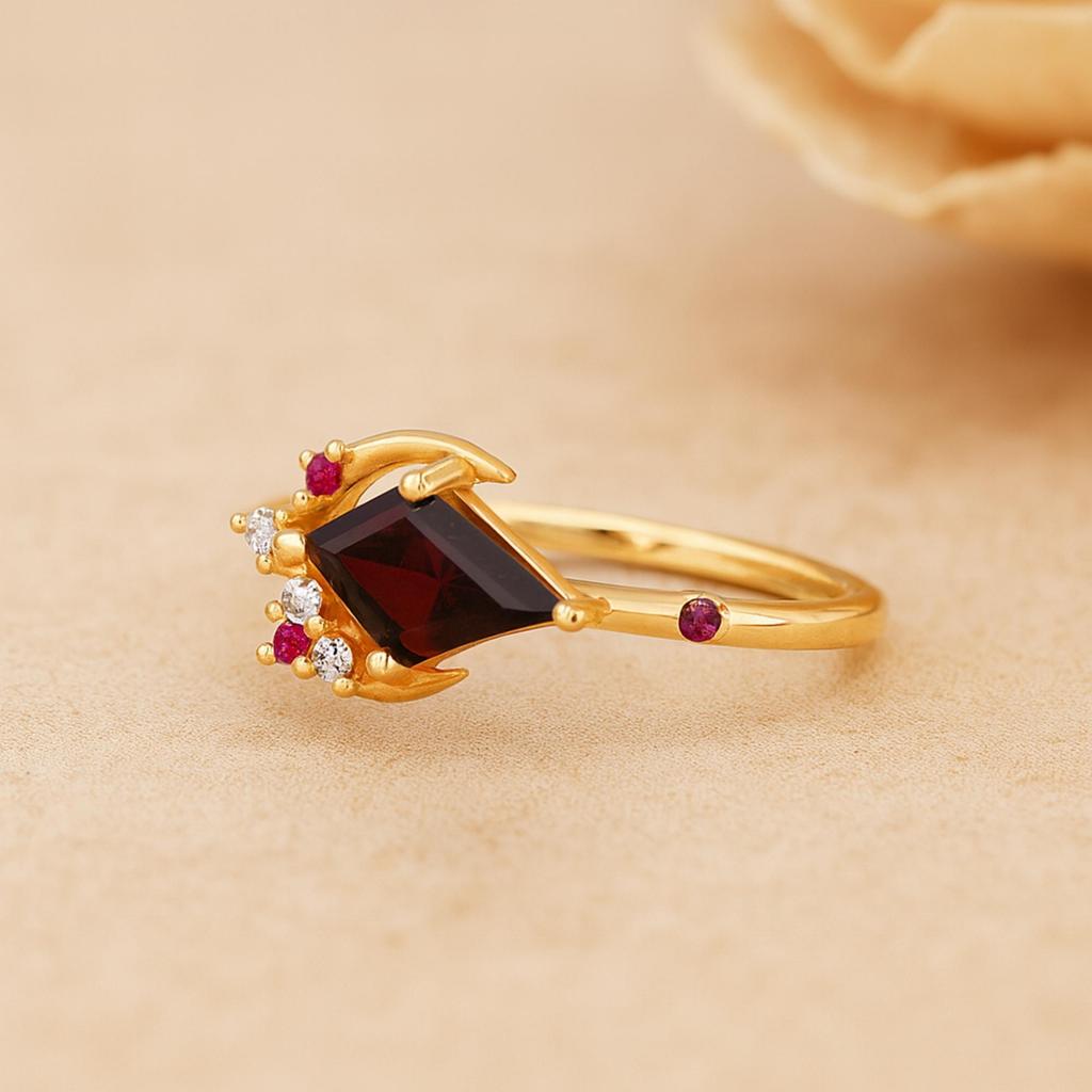Kite Garnet Ring with Ruby and Cubic Zirconia – Unique Red Gemstone Statement Ring - Gold Plated 925 Sterling Silver Jewelry Gift