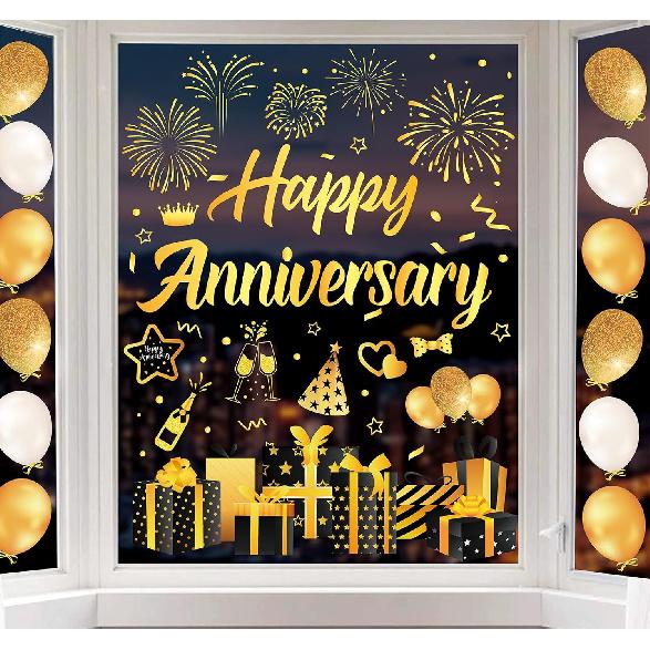 Whaline 6 Sheets New Year Window Clings New Years Eve Window Decal Champagne Firework Double-Sided Golden Yellow Window Stickers Reble for Home Happy Anniversary