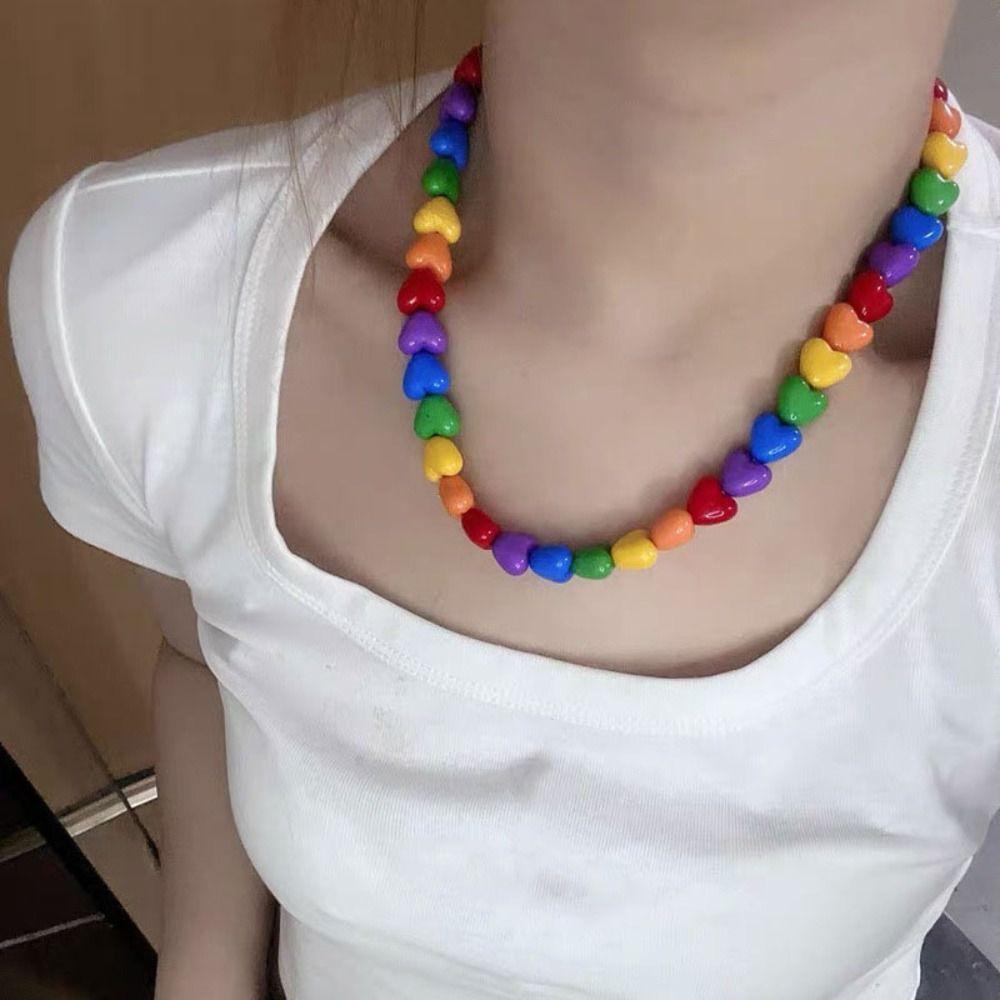 Adjustable Collarbone Chain Acrylic Love Heart Beaded Necklace Rainbow Necklace Party Supplies