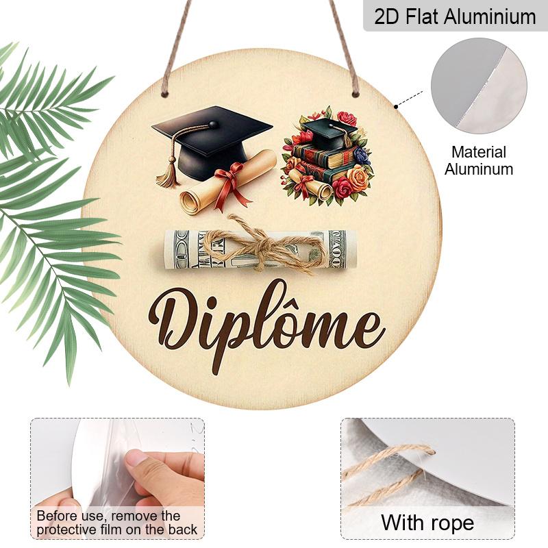 2D Flat, 1pc Vintage French Diploma Medal-Like Aluminum Plaque - 7.87Inch Round Graduation & Diploma Scroll with "Diplome" Inscription - Academic