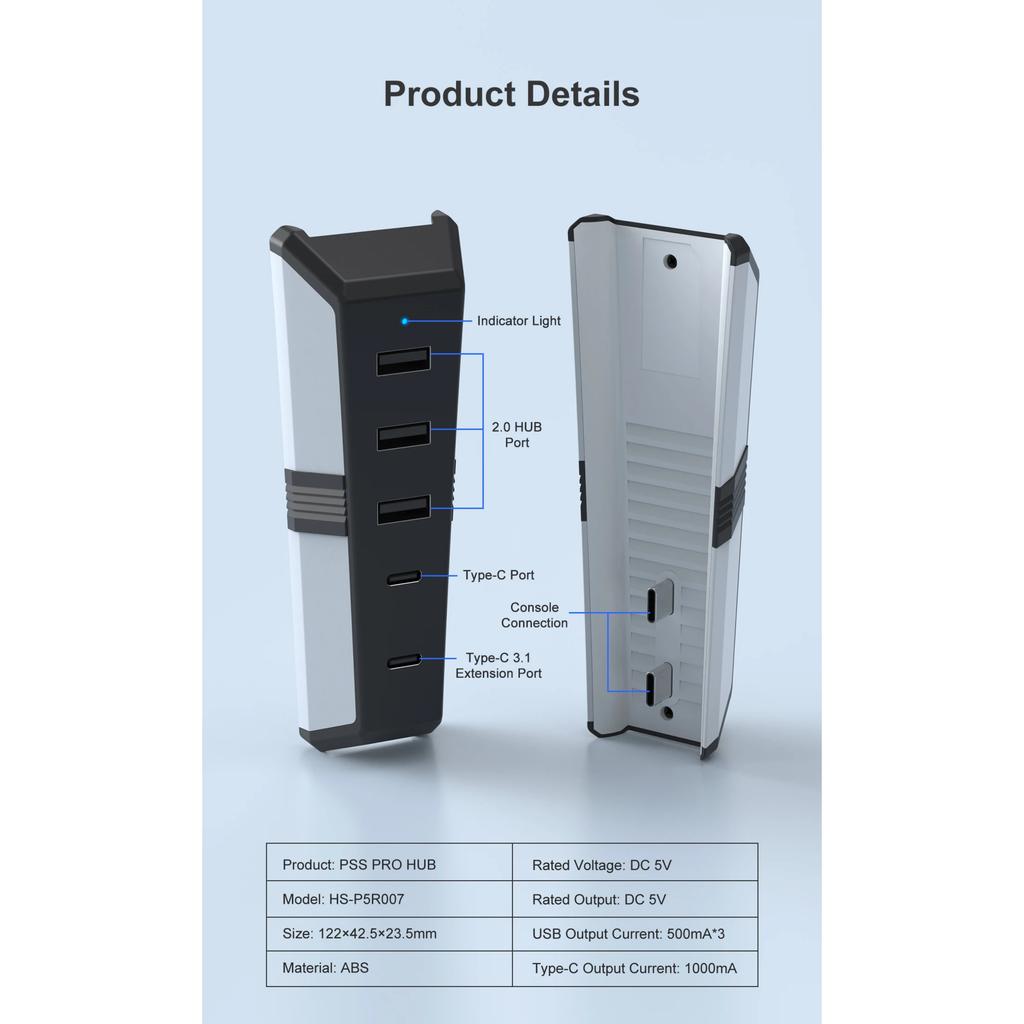 For P5 Pro USB Hub, HS-P5R007 5-in-1 USB Expansion for PlayStation 5 Pro Console, with USB 3.1 Interface