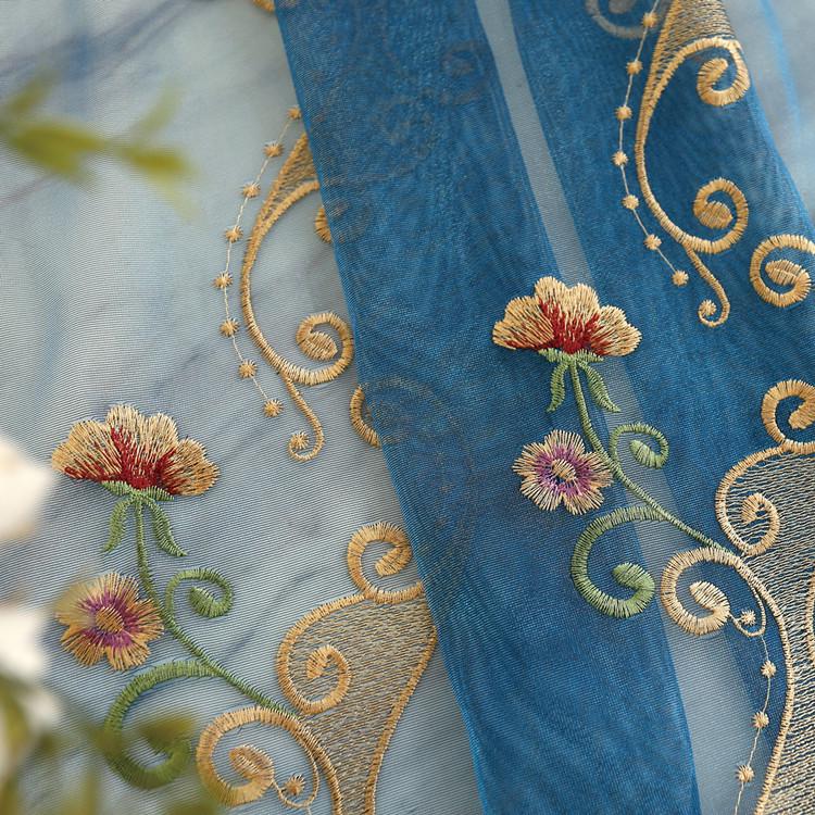 Blue Floral Embroidered European Style Gauze Window Curtain and Mosquito Net.