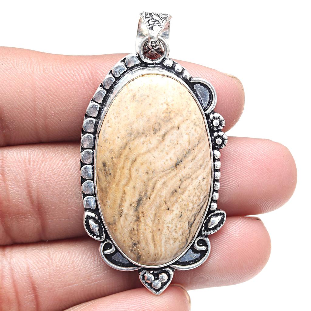 Pendant Picture Jasper Gemstone Valentine'Day Gift Silver Jewelry 2.25"