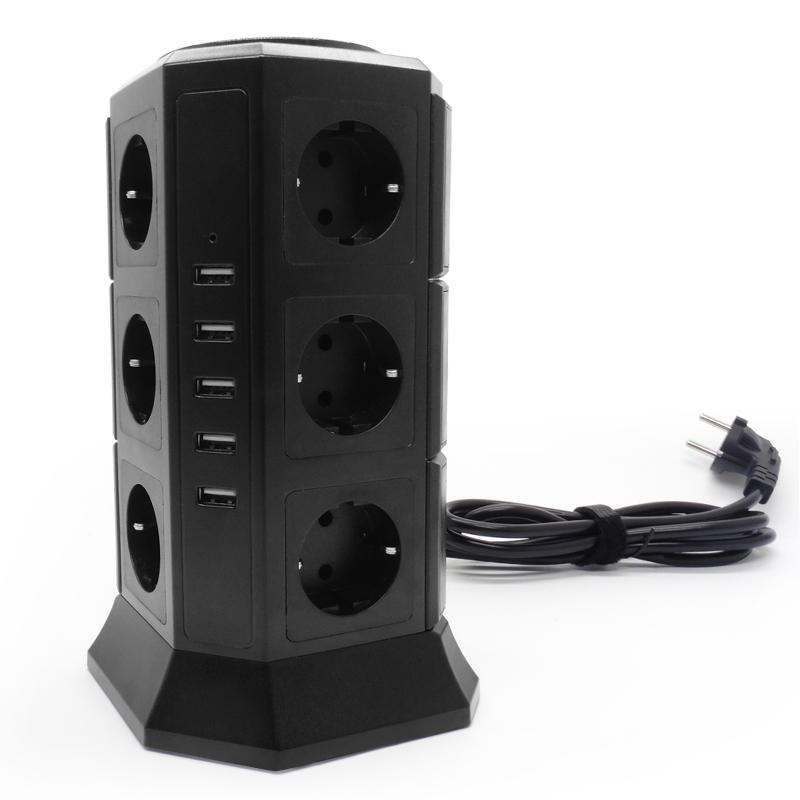 

Вертикальная розетка Tower 12, европейская розетка, полоса 5USB, провод 2 м, с переключателем DE вилка