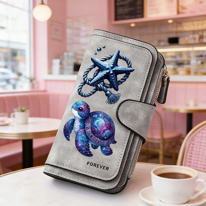 1 Piece Turtle Starfish Women's Long Wallet Tri-fold Card Holder with Multiple Slots Printed Zipper Wallet Cash ID Credit Card Organizer for Travel