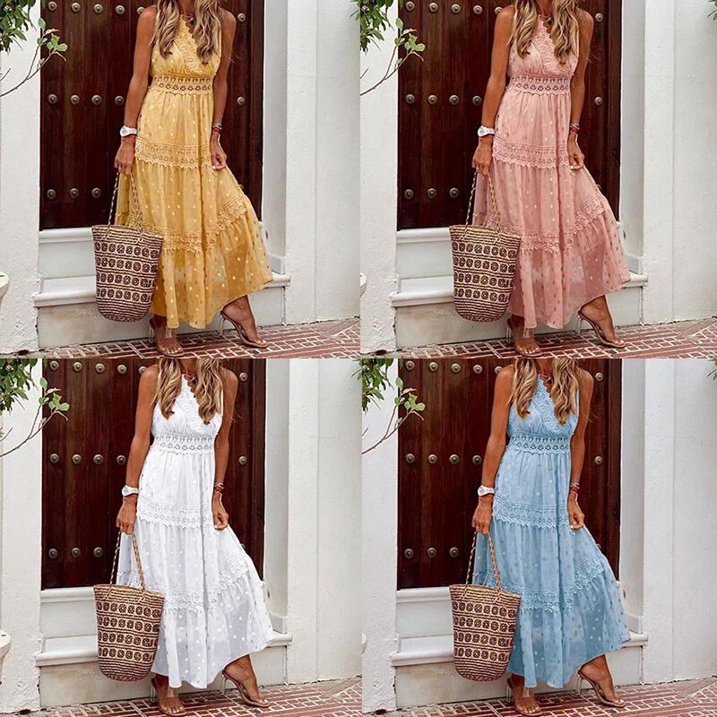 Women Chiffon Party Maxi Dress Polka Dot Boho Crochet Lace V Neck Beach Sundress