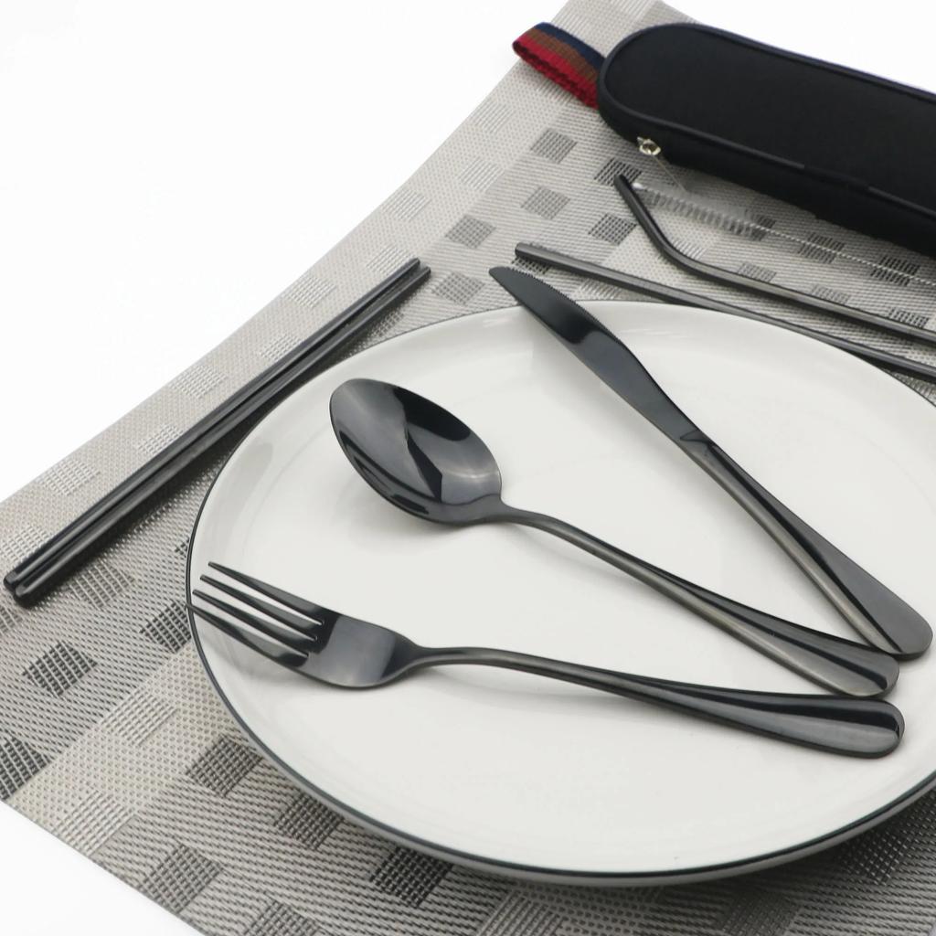 Travel Hiking Portable Dinnerware Set with Pouch Reusable Stainless Steel Straw Cutlery Knife Spoon Fork Chopsticks Silverware