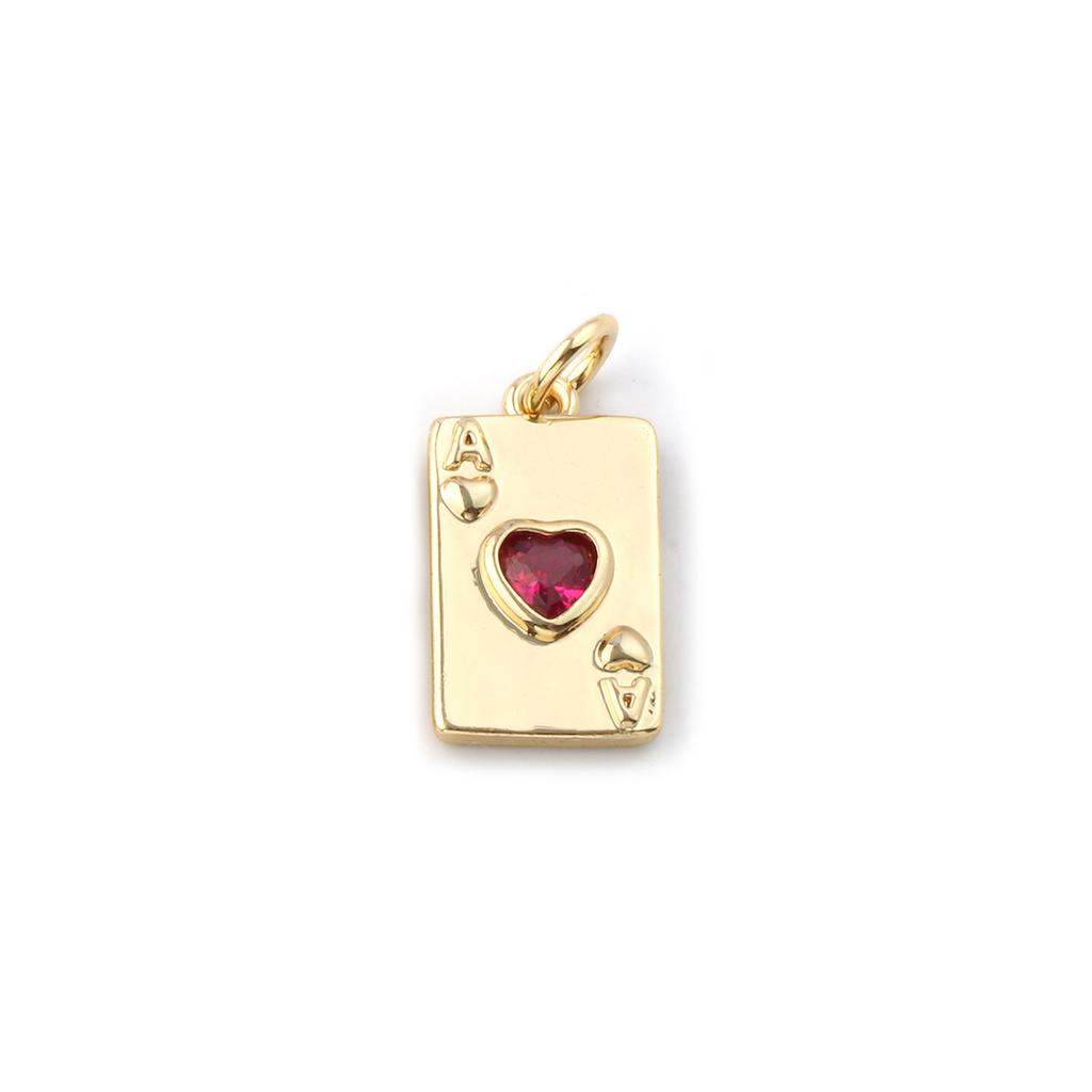 2 PCs Brass & Cubic Zirconia Poker/ Paper Card/ Game Card Charms 18K Gold Plated Poker Card Heart Pendant Necklace DIY19mm x 9mm