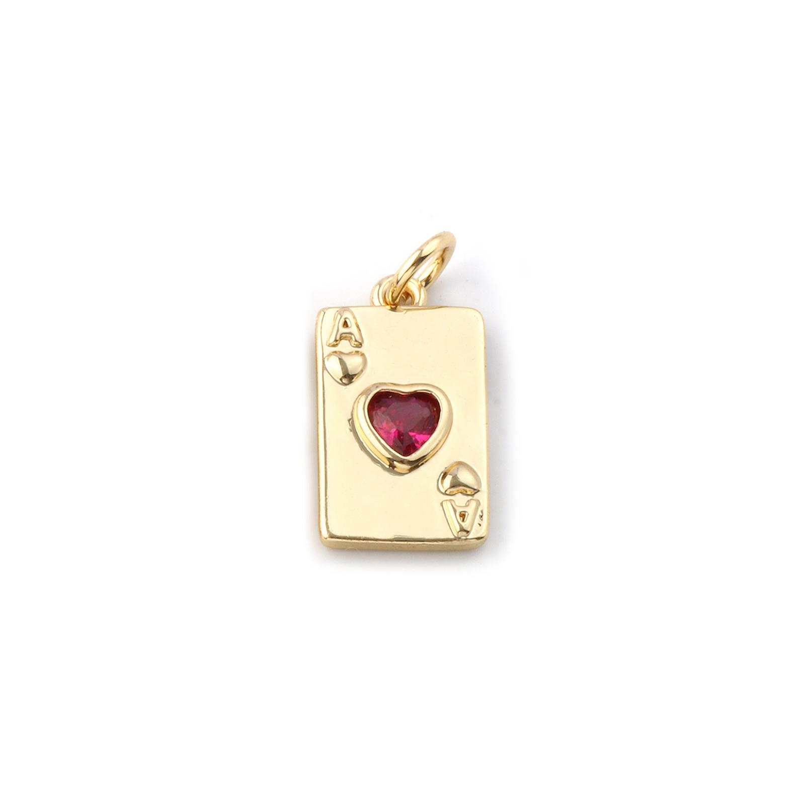 2 PCs Brass & Cubic Zirconia Poker/ Paper Card/ Game Card Charms 18K Gold Plated Poker Card Heart Pendant Necklace DIY19mm x 9mm красный