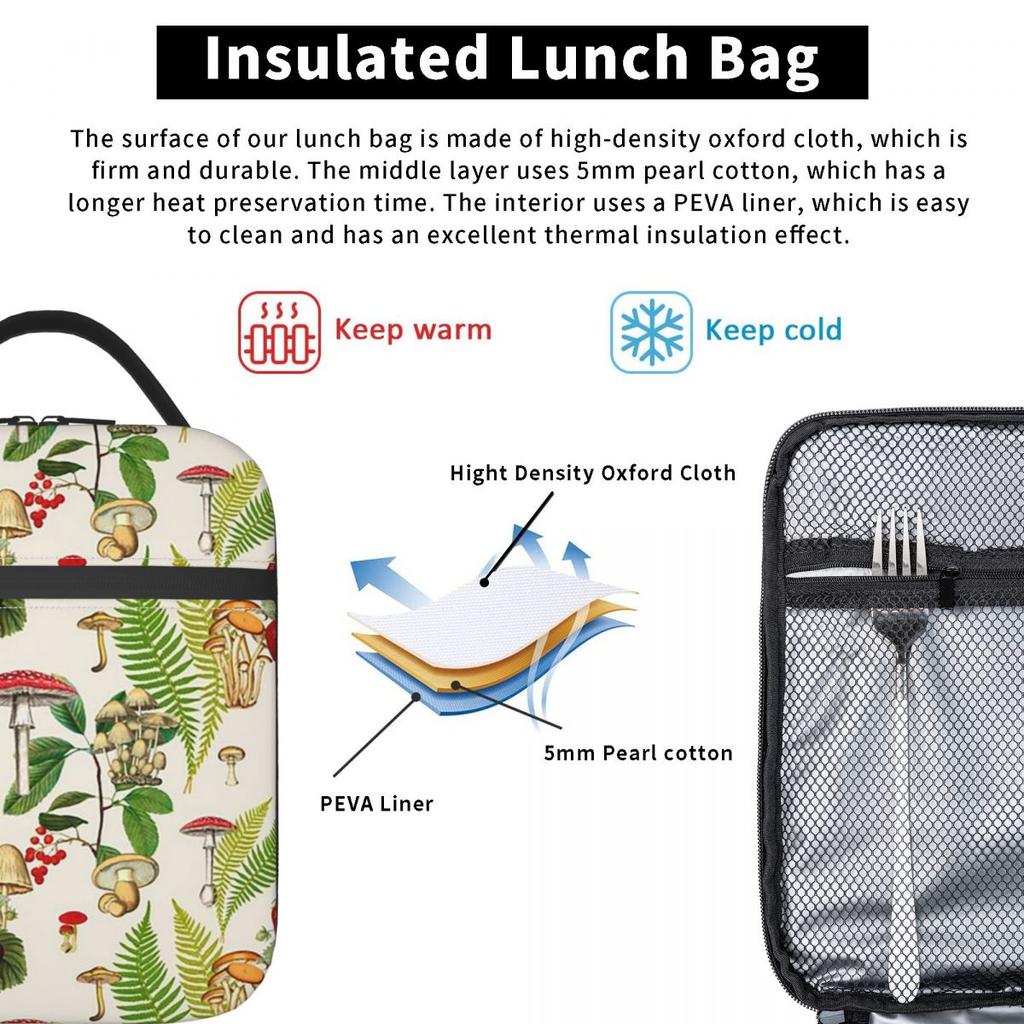 Plant Mushroom Pattern Insulated Lunch Bag for Kids School Cooler Thermal Food Box Tote Leakproof Lunch Boxes Container