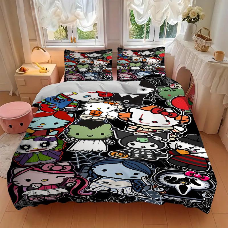 3pcs Halloween Compilation Hello Kitty Bedding Set Includes 1 Quilt Cover and 2 Pillowcases, Comfortable Bedding with Stylish Design for Bedroom S025