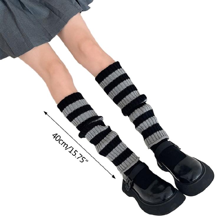 Harajuku Damen Student Gestreifte Beinwärmer Gerippt Gestrickt Dehnbar Kniehohe Socken