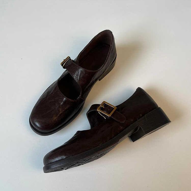 College style sheepskin versatile Mary Jane 2025 round head thick medium heel leather square buckle single shoes women's retro college