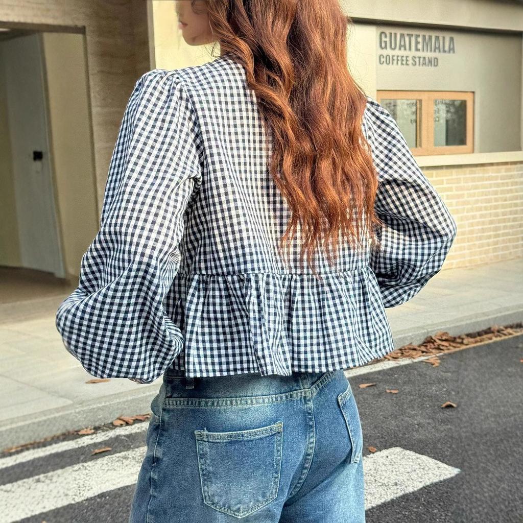 Black White Gingham Long Sleeve Top with Bow Tie and Ruffle Hem