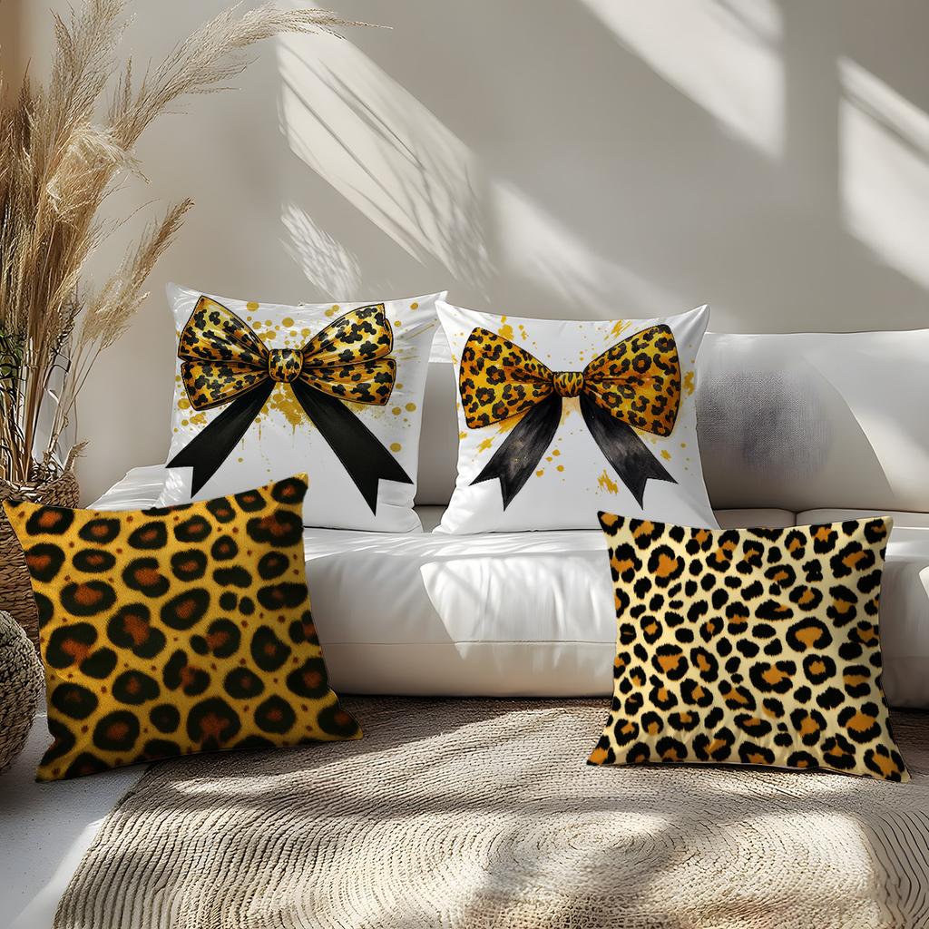 Federe per Cuscino Decorativo con Stampa Leopardo e Fiocco, Federe per Cuscini con Stampa Leopardo Oro e Fiocco Nero, Tendenza Animalier Arredamento Casa Soggiorno
