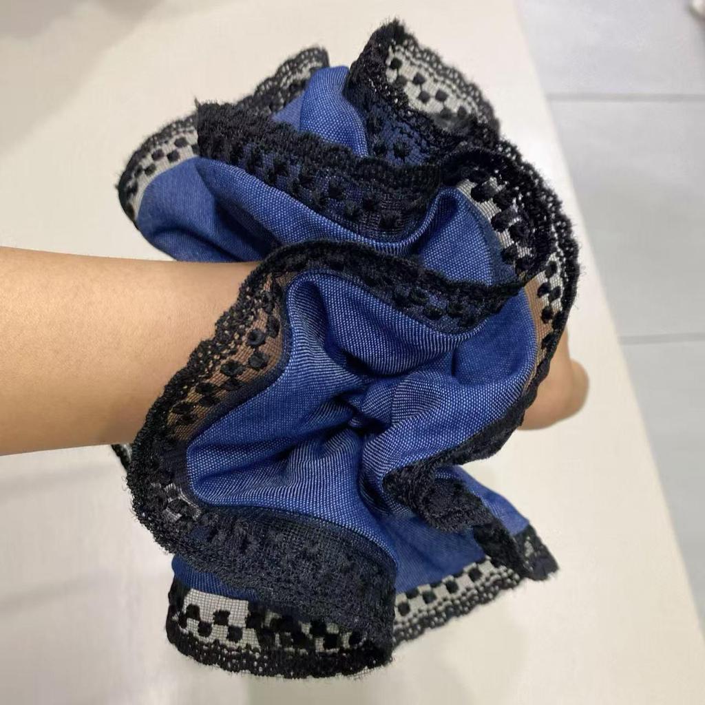 Doppellagiges Denim-Spitzen-Scrunchie im koreanischen Stil für tiefe Pferdeschwänze: Hochleistungs-Haargummi für Frauen