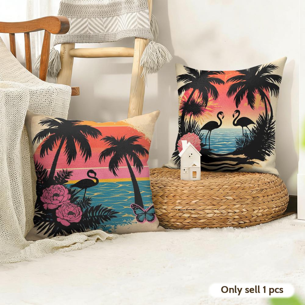 Tropical Palm Flamingo Cushion Cover Natural Linen Organic Fabric DoubleSided Printing Couch Pillow Covers Home Decor