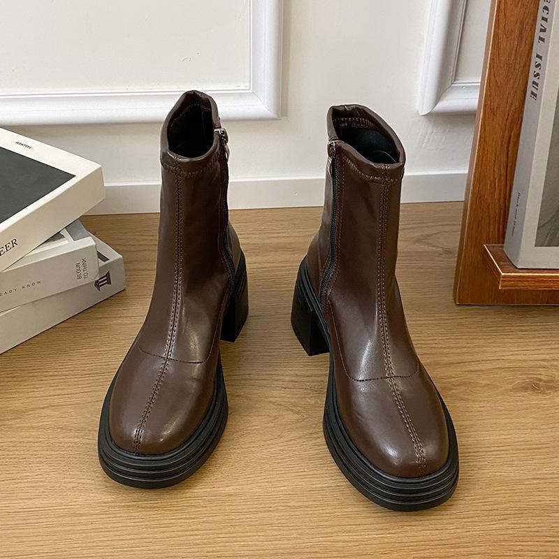 Retro style round head thick heel short boots women's 2025 new thick-soled heightening Martin boots thick heel thin boots rear zipper