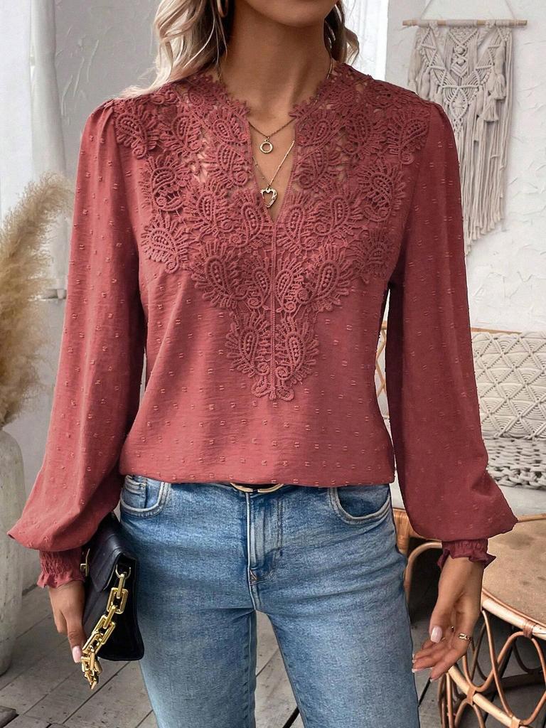 Autumn/Winter V-Neck Lace Long Sleeve Casual Solid Color Women's Top