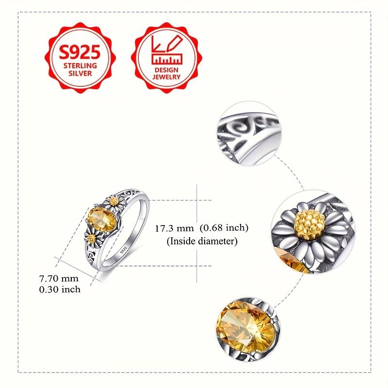 Women's 925 Silver Yellow Synthetic Zircon Ring Elegant Fashion Daisy Inlaid Synthetic Zircon Suitable for Proposal, Engagement, Wedding Ring