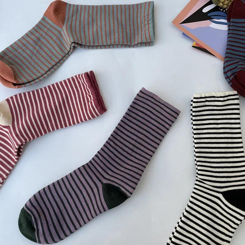 Retro Striped Women Socks Medium Tube Socks Spring and Autumn Cotton Women Long Socks Japanese Fashion College Style Women Sox