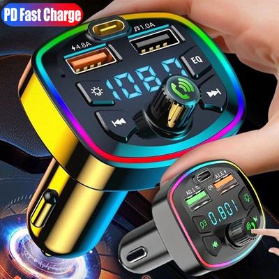 Auto Bluetooth 5.0 FM-Transmitter PD 18W Typ-C Dual USB 4.2A Schnellladegerät Buntes Umgebungslicht Zigarettenanzünder