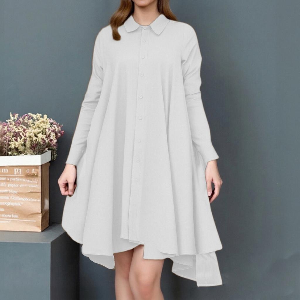 Muslim Women's Lapel Wrap Button Placket Swallowtail Curved Hem Multicolor Long Sleeve Women's Shirt Dresses