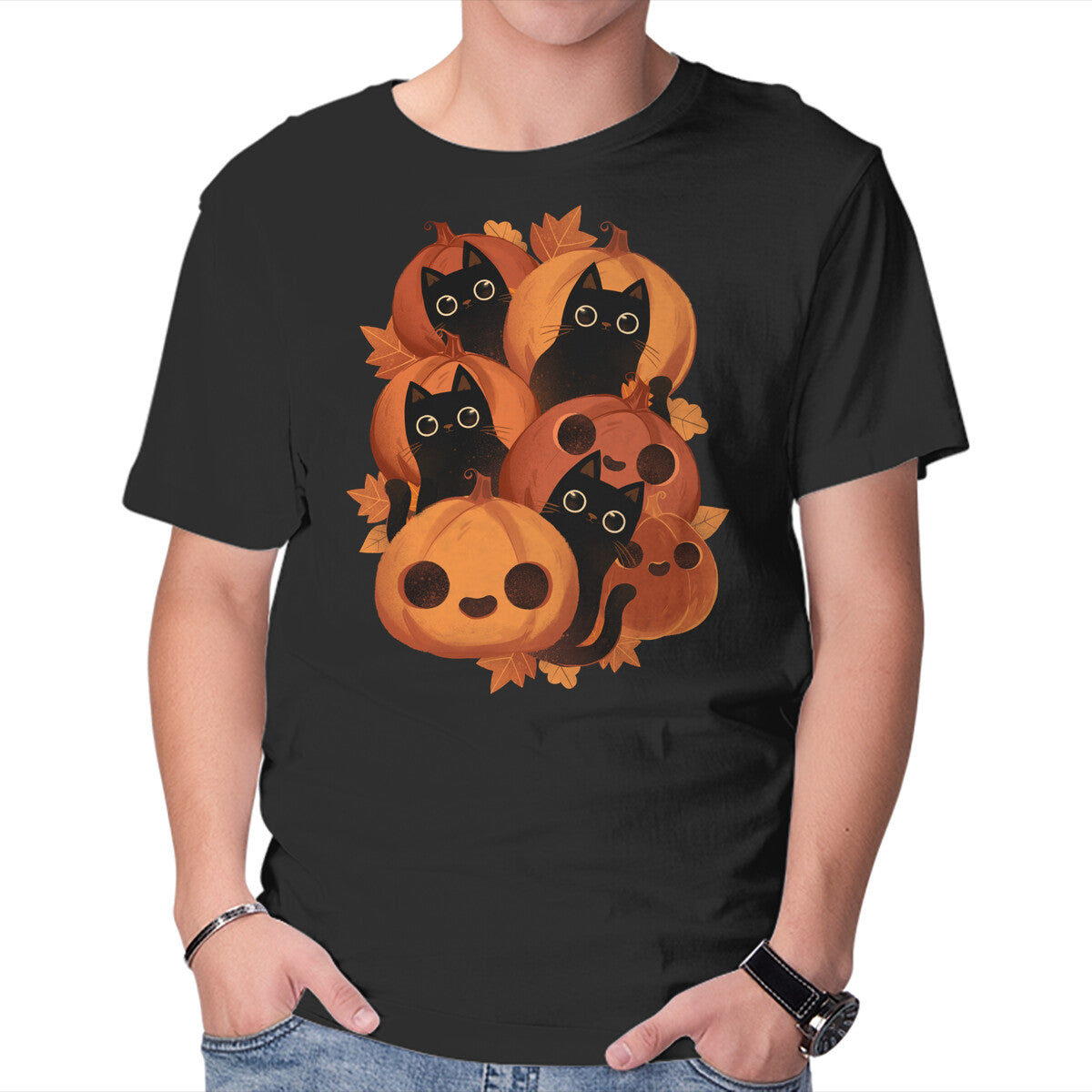 Unisex Crew Neck T-Shirt Pumpkins And Black Cats Graphic Short Sleeve Casual Tee XXL