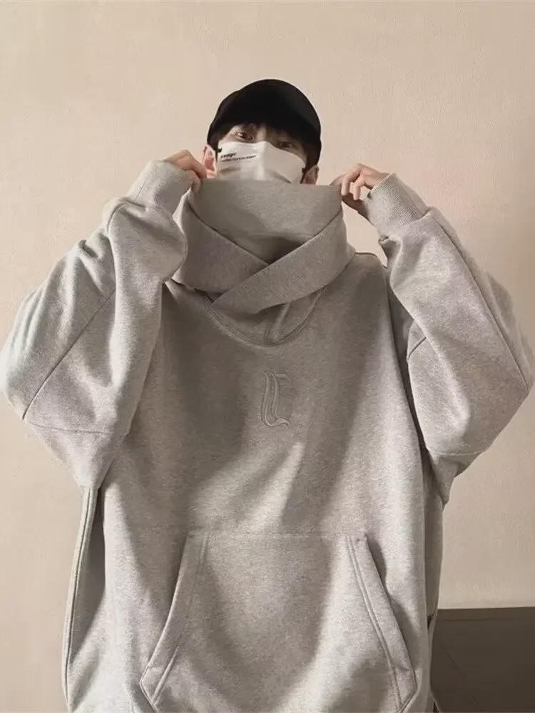 

Мужская толстовка с капюшоном и высоким воротником — модная на осень/зиму, свободный крой, однотонная, универсальная повседневная куртка для пар M серый