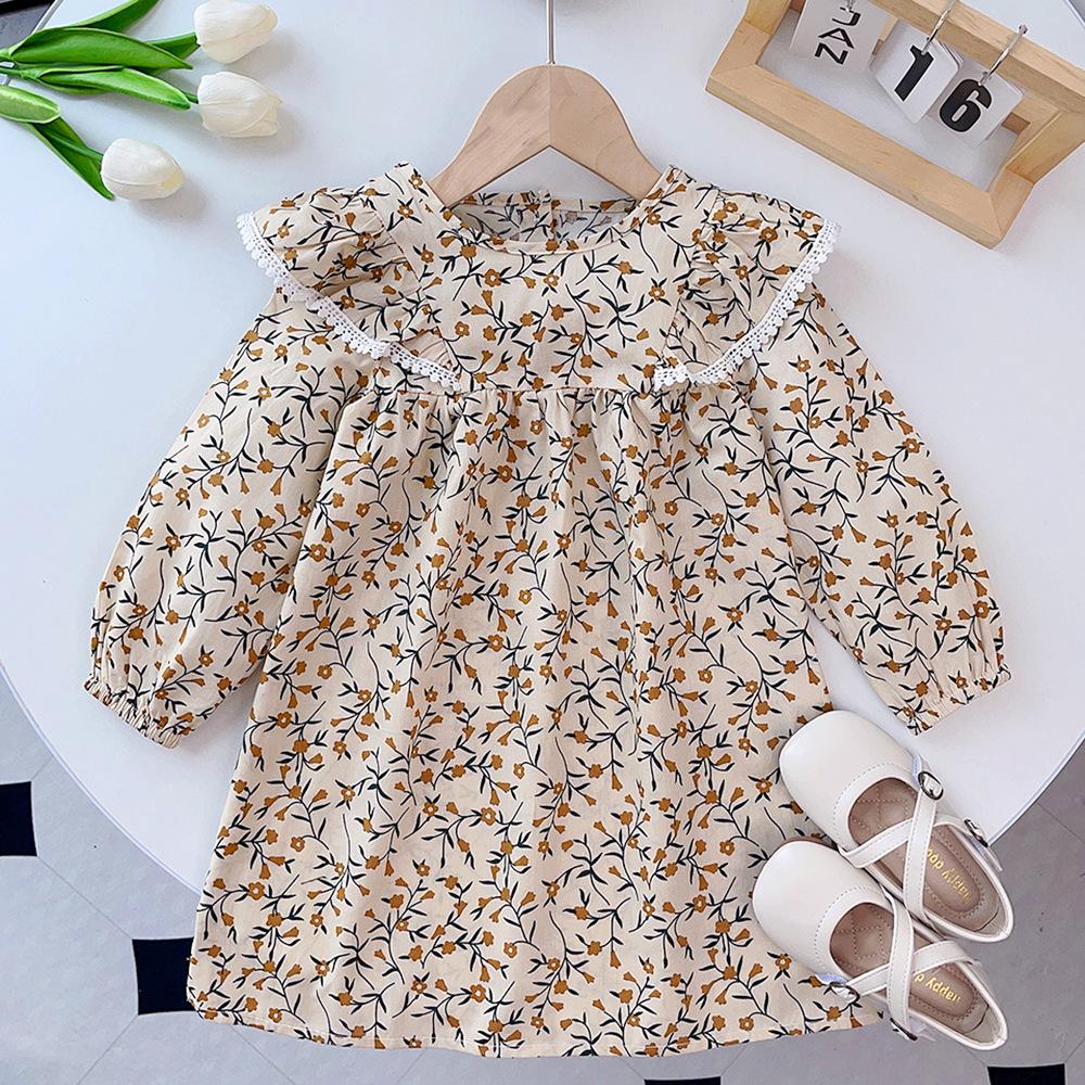 Spring Autumn New Girls Floral Long Sleeve Doll Collar Princess Dress Baby Sweet Skirt 90cm жёлтый