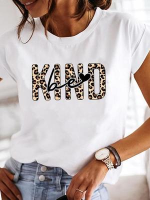 (Tamaño asiático) Camiseta para Mujer Top Estilo Letras Leopardo Ropa de los 90 Casual Manga Corta Estampado de Moda Camiseta de Dama Camisetas Gráficas Femeninas