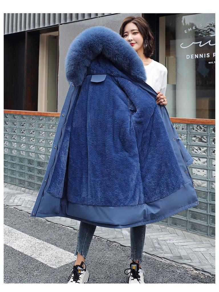 2025 Winter Women's Mid-Length Fur Collar Cotton Coat with Velvet Padding