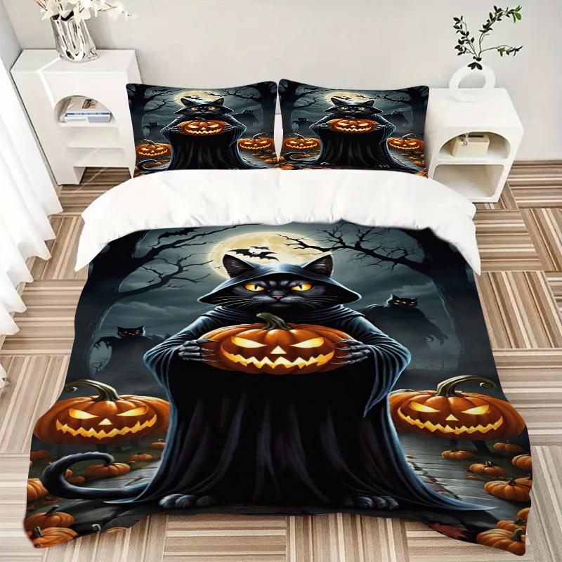 3pcs Cat, Jack-o'-Lantern Duvet Cover Set - Includes 1 Duvet Cover and 2 Pillowcases, No Quilt Core, All-Season Home Decor yy251111007