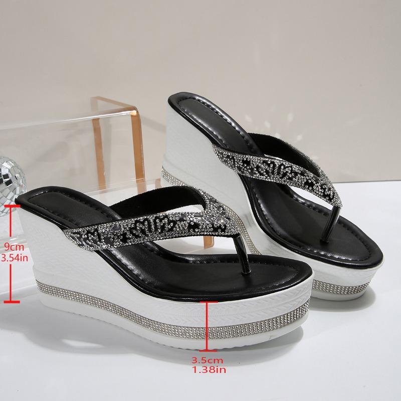 Fashion 2025 New Rhinestone Wedge Flip Flops for Women Summer Thick Sole Clip Toe Beach Slippers Woman Lightweight Platform Sandals