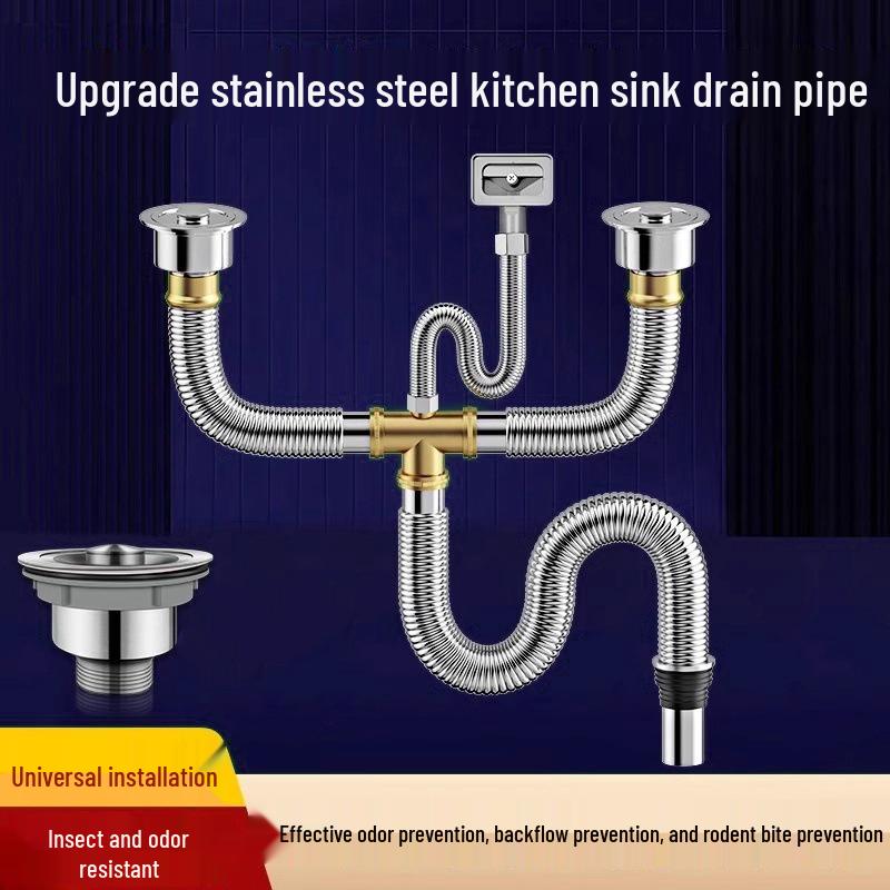 Stainless Steel Kitchen Sink Drain Pipe Set with Anti-Odor Features for Single or Double Sinks and Dishwasher Integration