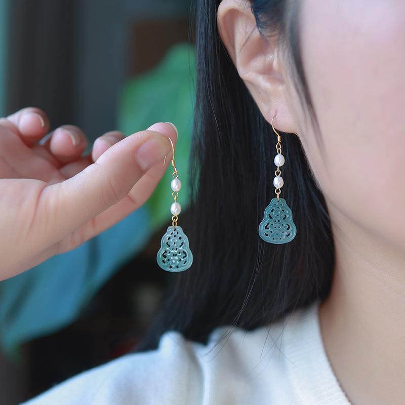 A-Grade Natural Jade Gourd Tassel Stud Earrings with 925 Silver, Gold-Plated, and Pearl Accents