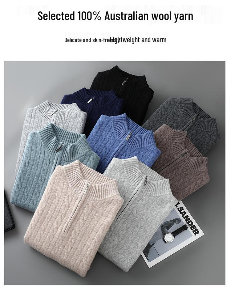 Men's Pure Wool Half-High Collar Cable Knit Zipper Sweater - Thick & Loose for Autumn/Winter
