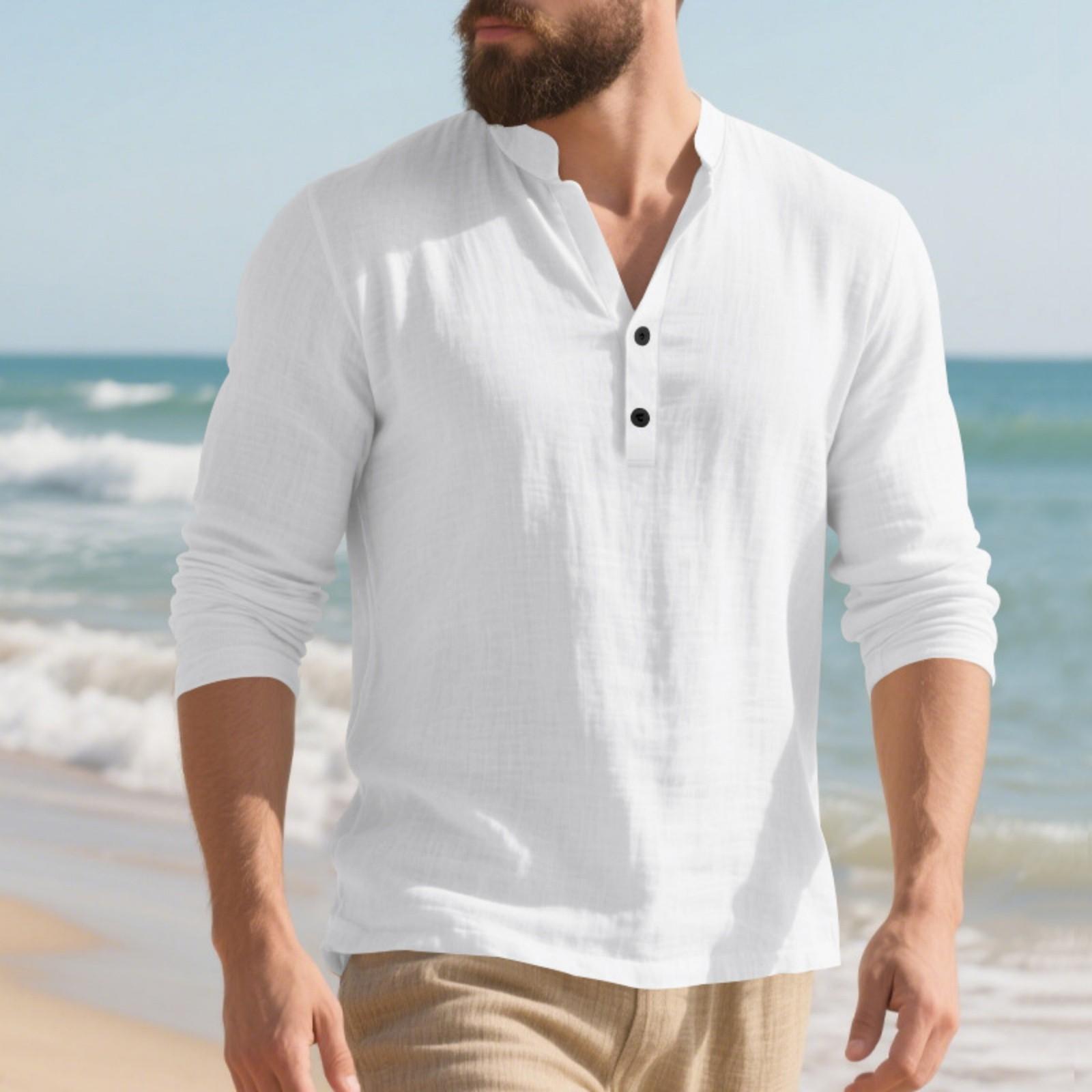 

Men s Linen Long-Sleeve T-Shirt - Loose Fit Stand Collar Button Casual Long-Sleeve Top S белый