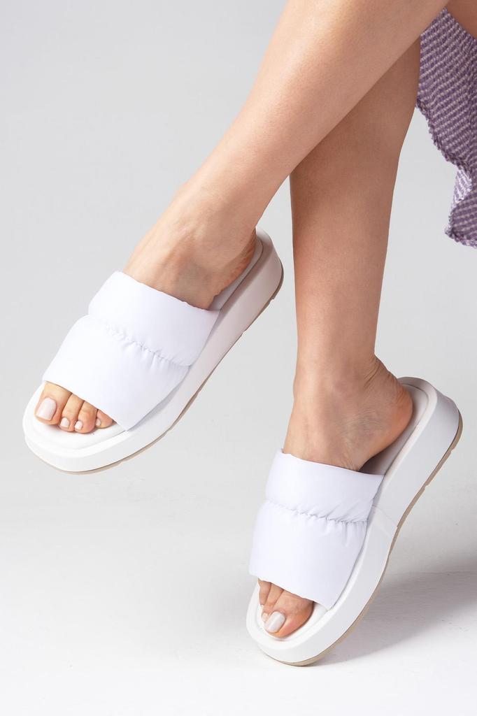 Marina White Color Blunt Toe Drawstring Inflável Banda Chinelos planos femininos