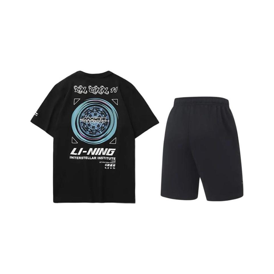 Li-Ning Letter Print Fashion Versatile Round Neck Pullover Short Sleeve Mid Waist Tied Shorts Casual Sports Suit Unisex Suit AHSU969-2+AKST543-3