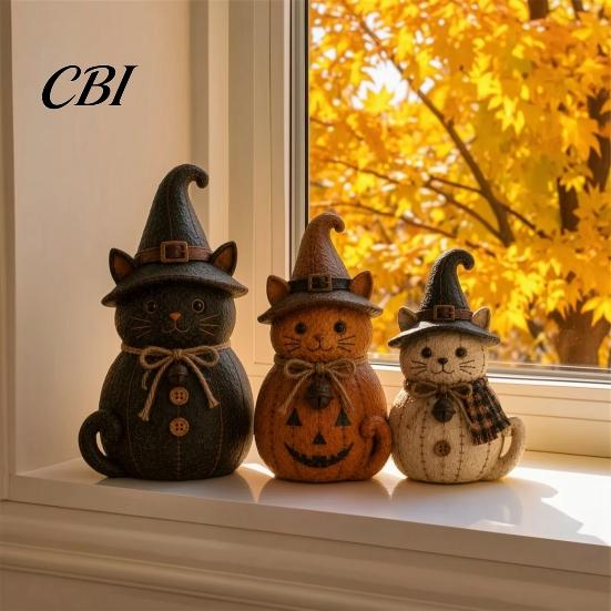 Seasonal Home Soft Furnishings 3Pcs Halloween Witch Cat Dog Statues, Resin Rustic Farmhouse Small Harvest Figures Ornaments for Autumn Thanksgiving,