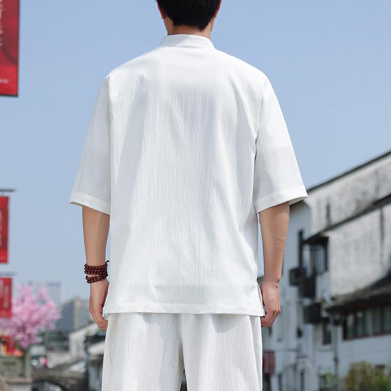 Koszula męska w stylu chińskim, letnia, z guzikami w kształcie dysku, z rękawami trzy czwarte, swobodna, ze stójką, w jednolitym kolorze, w dużych rozmiarach