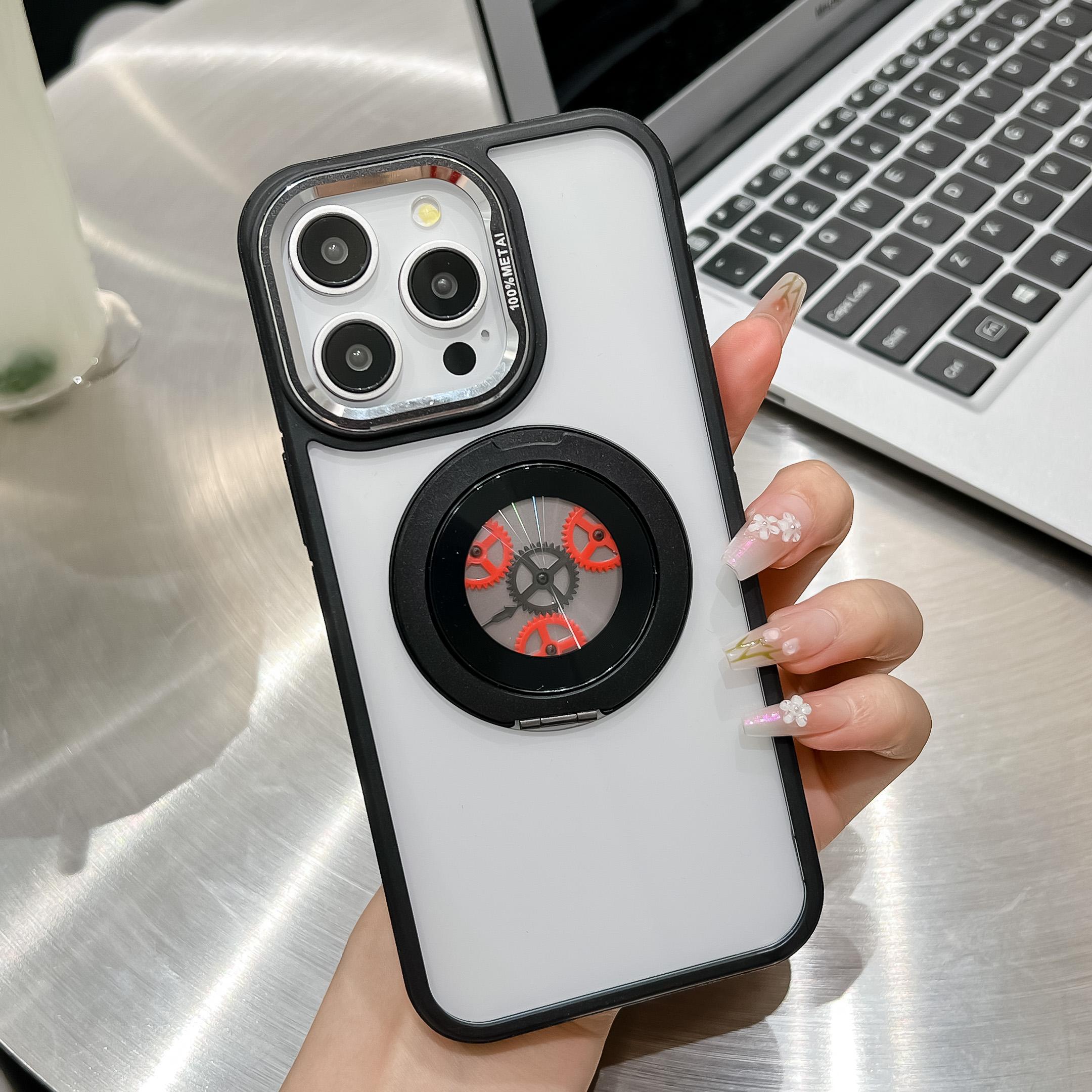 

For iPhone 15 Pro Magnetic Case TPU+Acrylic Kickstand Phone Back Cover Relieve Stress Gear Design Black