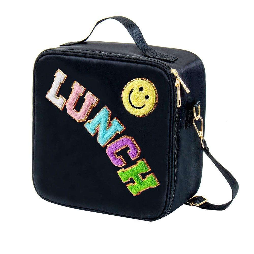 

1pc Hot Selling Embroidered Letter Smiling Lunch Bag Ice Pack Outdoor Portable Aluminum Mold Fresh Keeping Picnic Bag Purple чорний