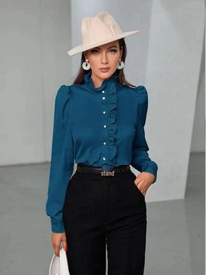 High-End European & American Women's Long Sleeve Acetate Ruffle Shirt