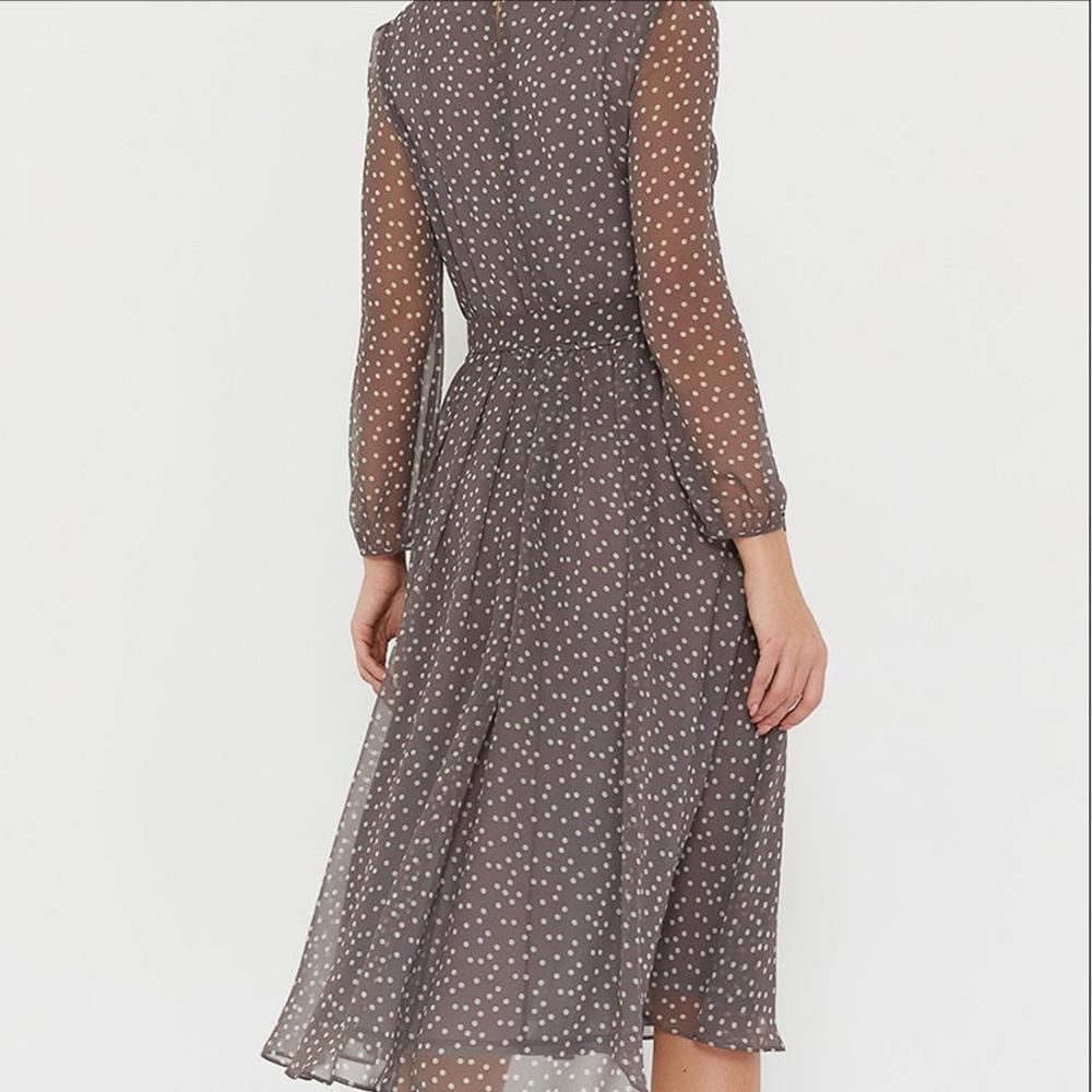Damen Frühling Sommer Gepunktetes Chiffon Midi-Kleid Rundhalsausschnitt Langarm Bindegürtel A-Linie Fließendes Freizeitkleid für Büro Alltag Urlaub Party