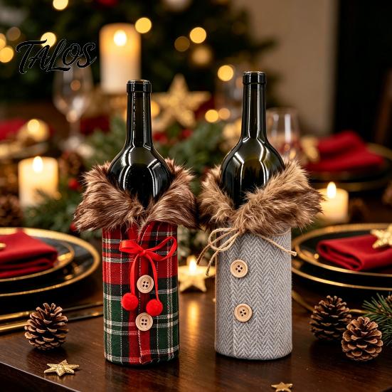Reusable Wine Bottle Decorations Christmas Sweater Cover, Faux Fur Collar And Button Covers Coat Design Plaid Clothes for Party Decoration Holiday
