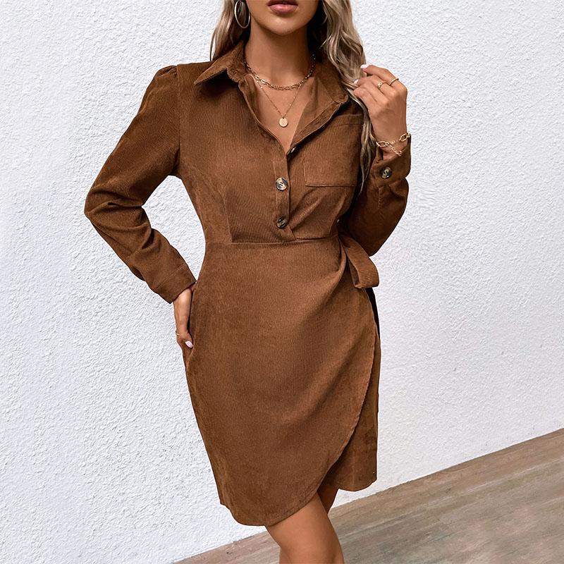 YYFS Women's Fashion Autumn Winter Solid Color Print Long Sleeve POLO Neck Casual Dresses
