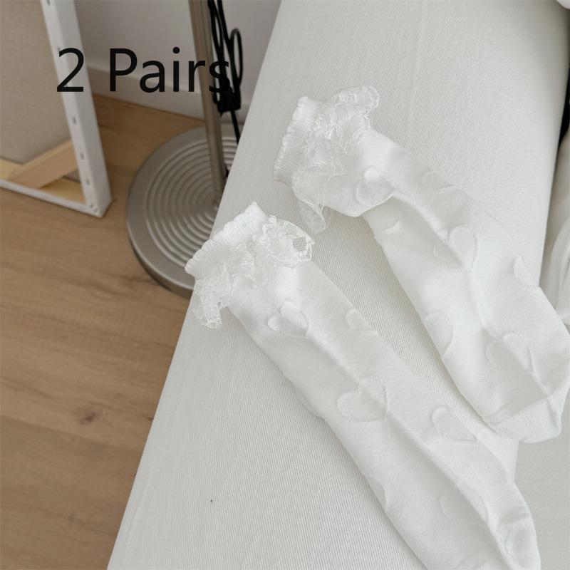 2 Pairs of Sweet Lace-trimmed Boneless Mid-calf Socks, Spring and Summer Polka Dot White Socks, Simple Women's Socks