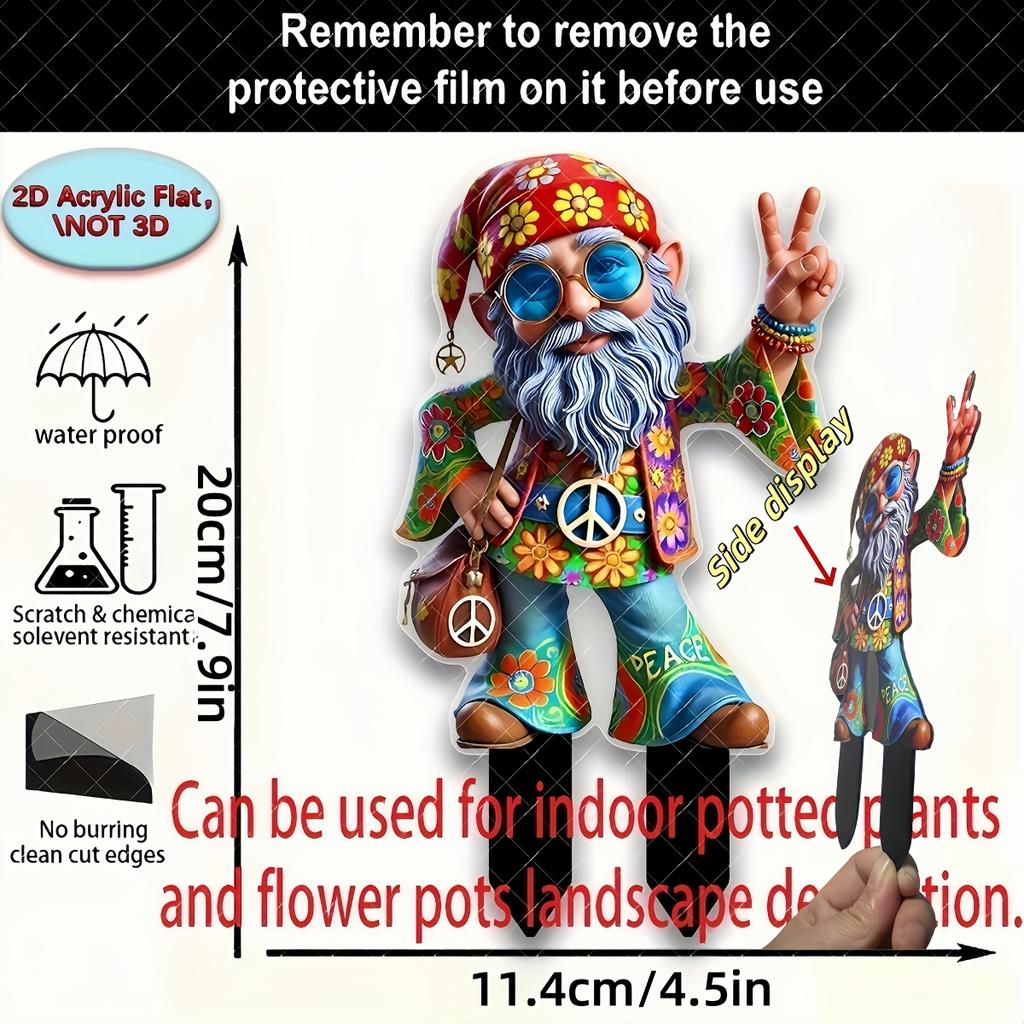 Acryl flaches 2D dekoratives Gartenschild im Hippie-Stil mit Zwerg, Außendekoration, geeignet für Gärten, Topfpflanzen, Rasenflächen und Hinterhof-Terrassen